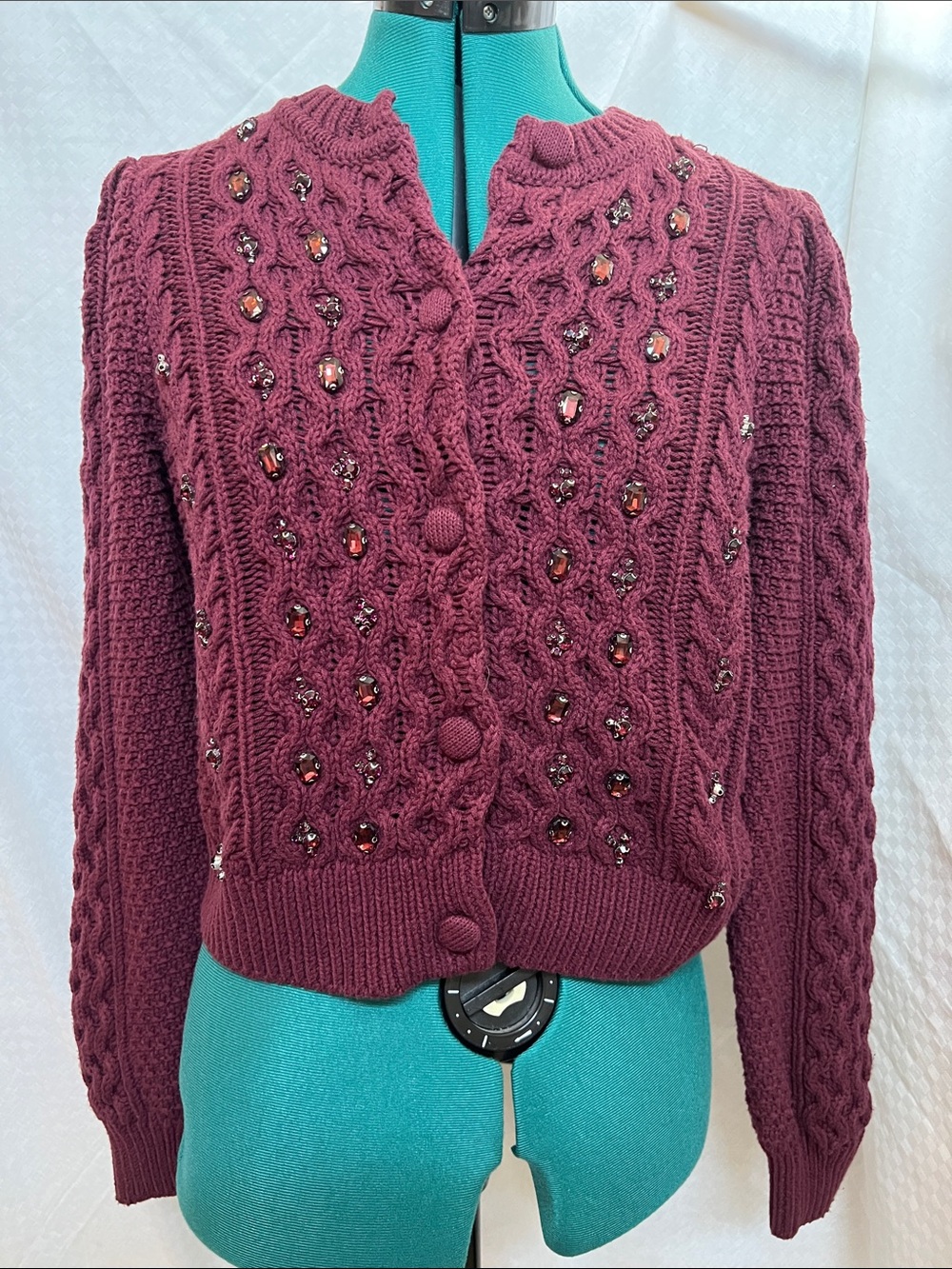 Caroline Constas Burgundy Beaded Cable Knit Cardigan